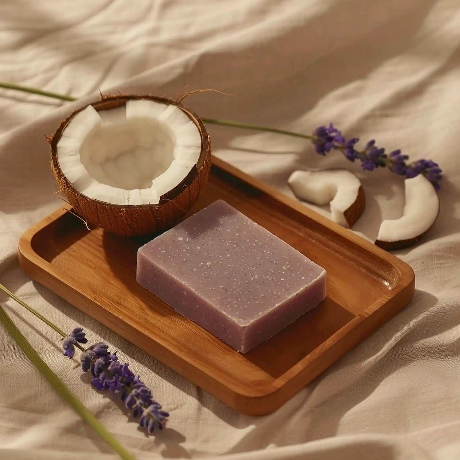 Handgemachte Lavendel & Kokosnuss Seife auf einem Seifenbrett mit Kokosnuss und Lavendel um sich