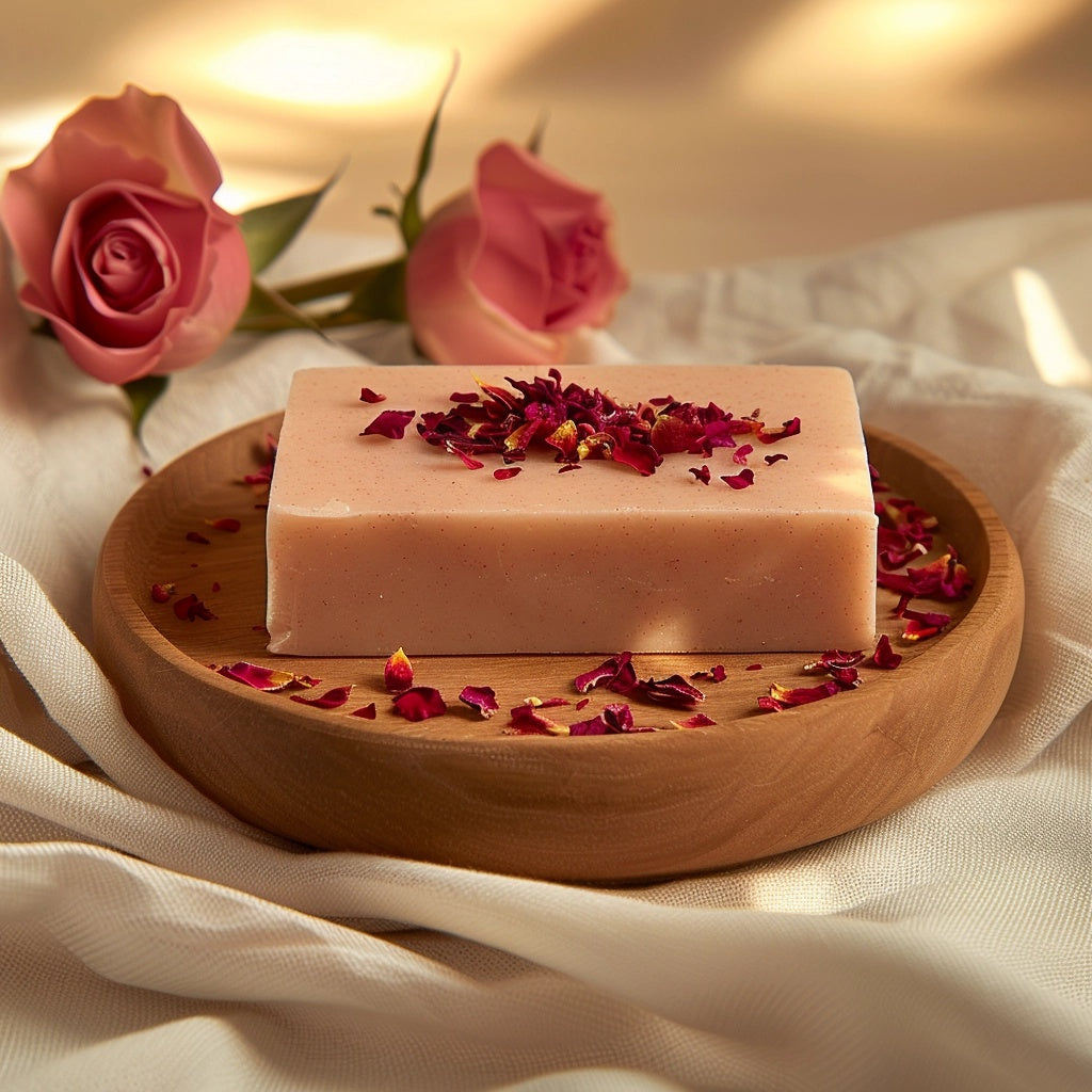 Handgemachte Seife aus Rosen & Vanille mit Rosenblüten auf sich